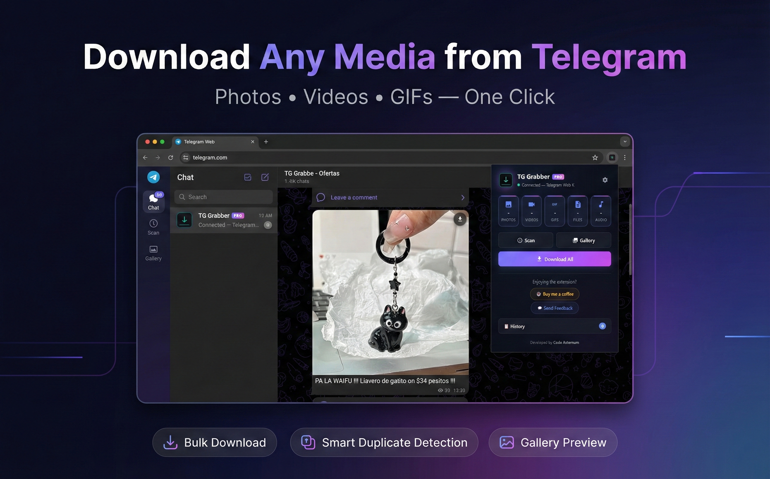TG Media Grabber Pro in action — downloading media from Telegram Web